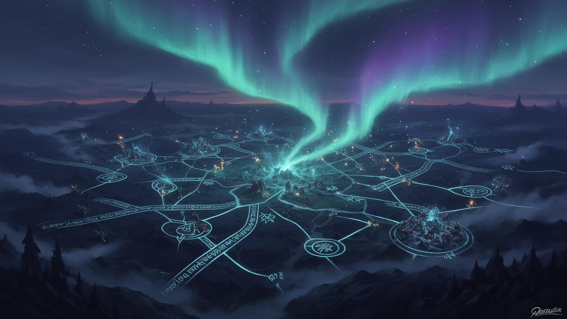 An aurora-lit fantasy battle map seen from above